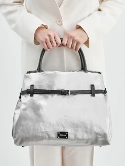 – Shopper Bag aus Leinen-Kunstleder Silber-AU 79 Clearance