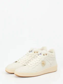 – Mid-Top Sneaker aus Kalbleder creme-Blauer Hot