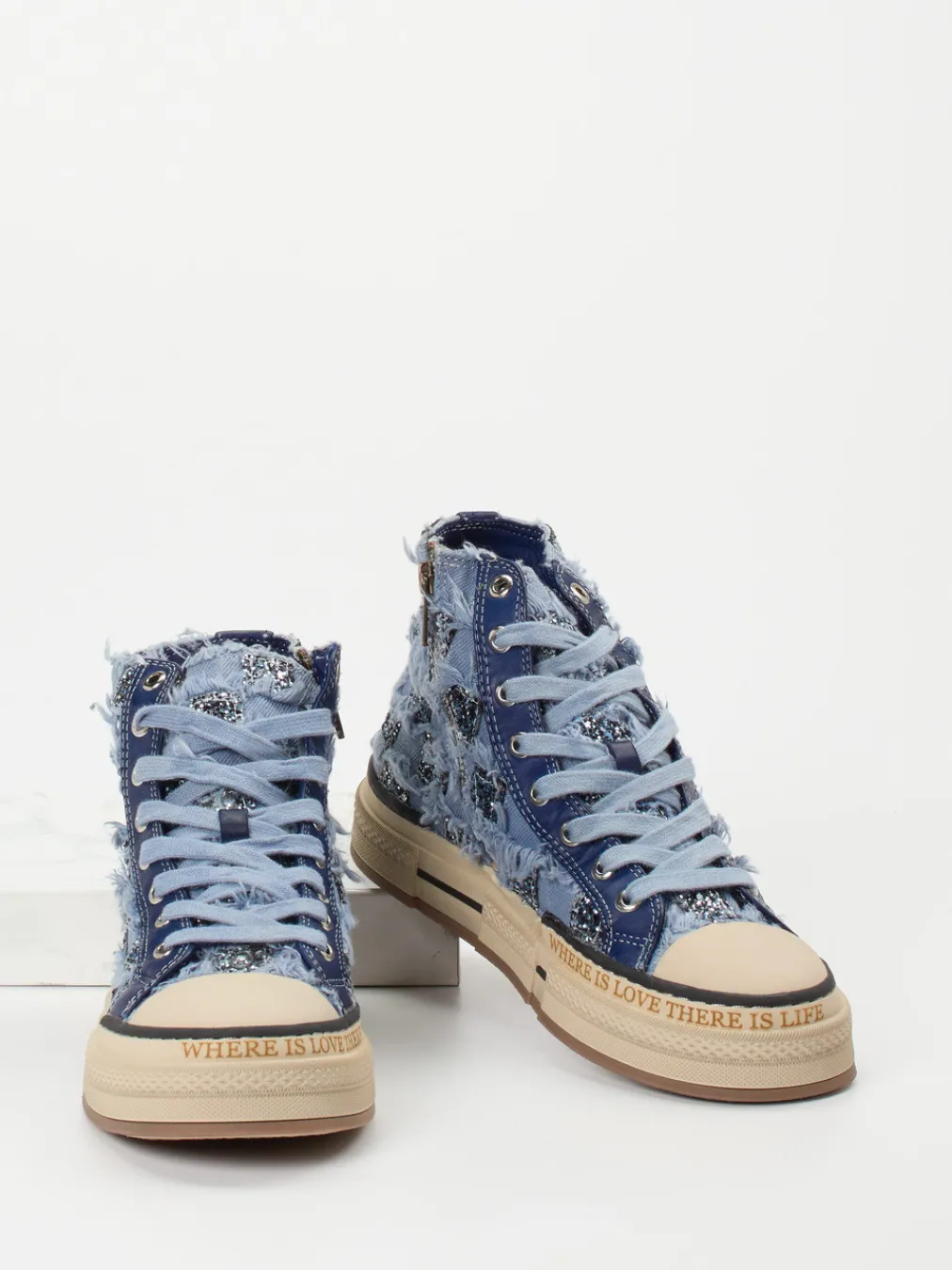 – High-Top Sneaker aus Denim-Textil-Rebecca White Hot