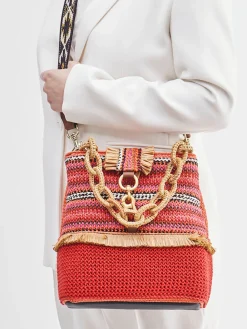 – Bucket Bag aus Baumwolle mit Raffia-Details-Viamailbag Hot